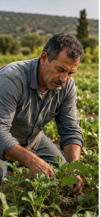Editorial portrait of a farmer at work in the field, environmental portrait framing.