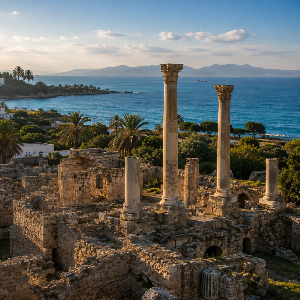 Carthage ruins with the Mediterranean visible beyond. Early light, human scale, no tour groups in frame.