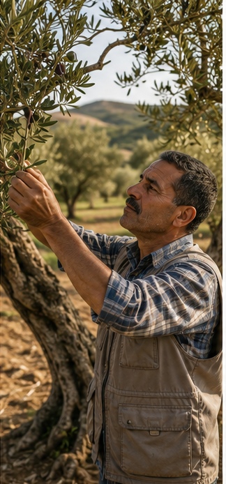 Editorial portrait of an olive grower among the trees.