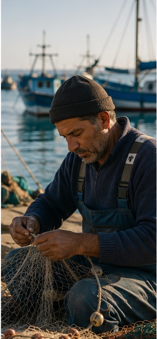 Editorial portrait of a fisherman mending nets, Mahdia harbor.