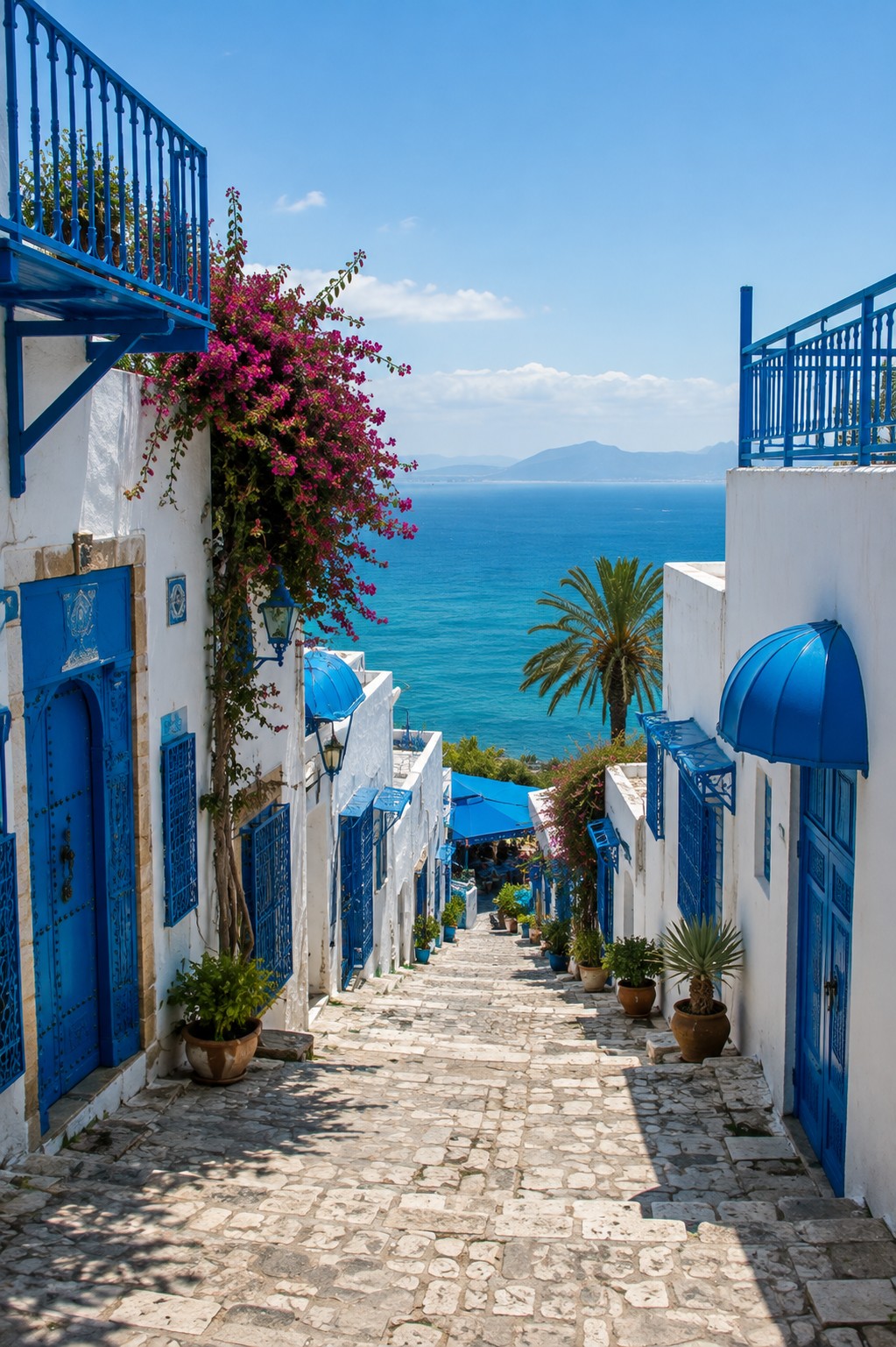 White-and-blue coastal village rooftops against the sea.