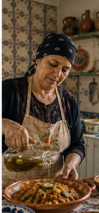 Editorial portrait of a home cook in her kitchen, mid-task.