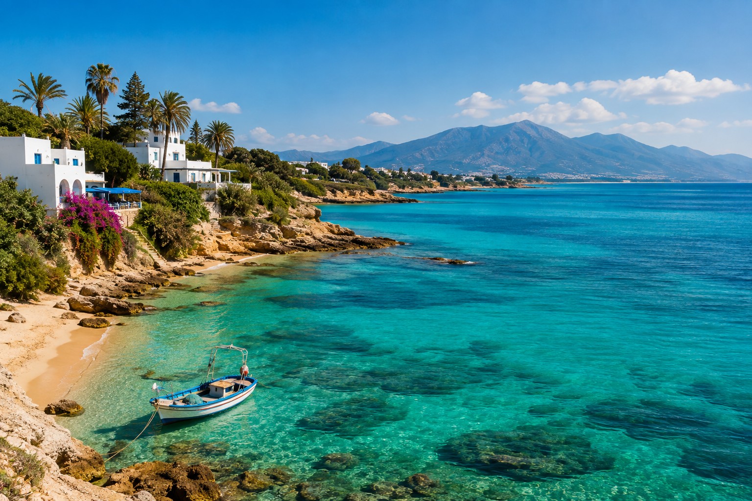 Mediterranean coastline, small boats, soft morning light, a person walking at a distance.