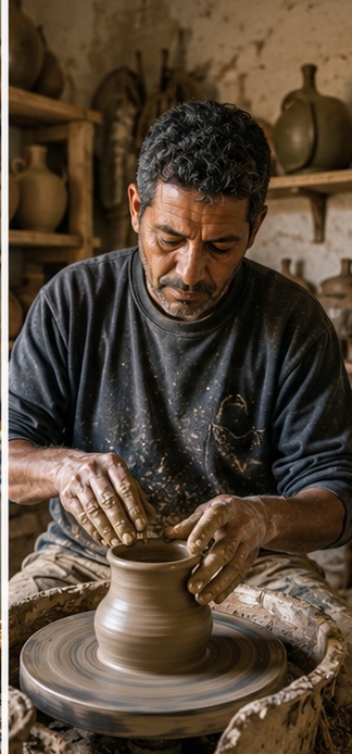 Editorial portrait of a ceramicist or weaver at work.