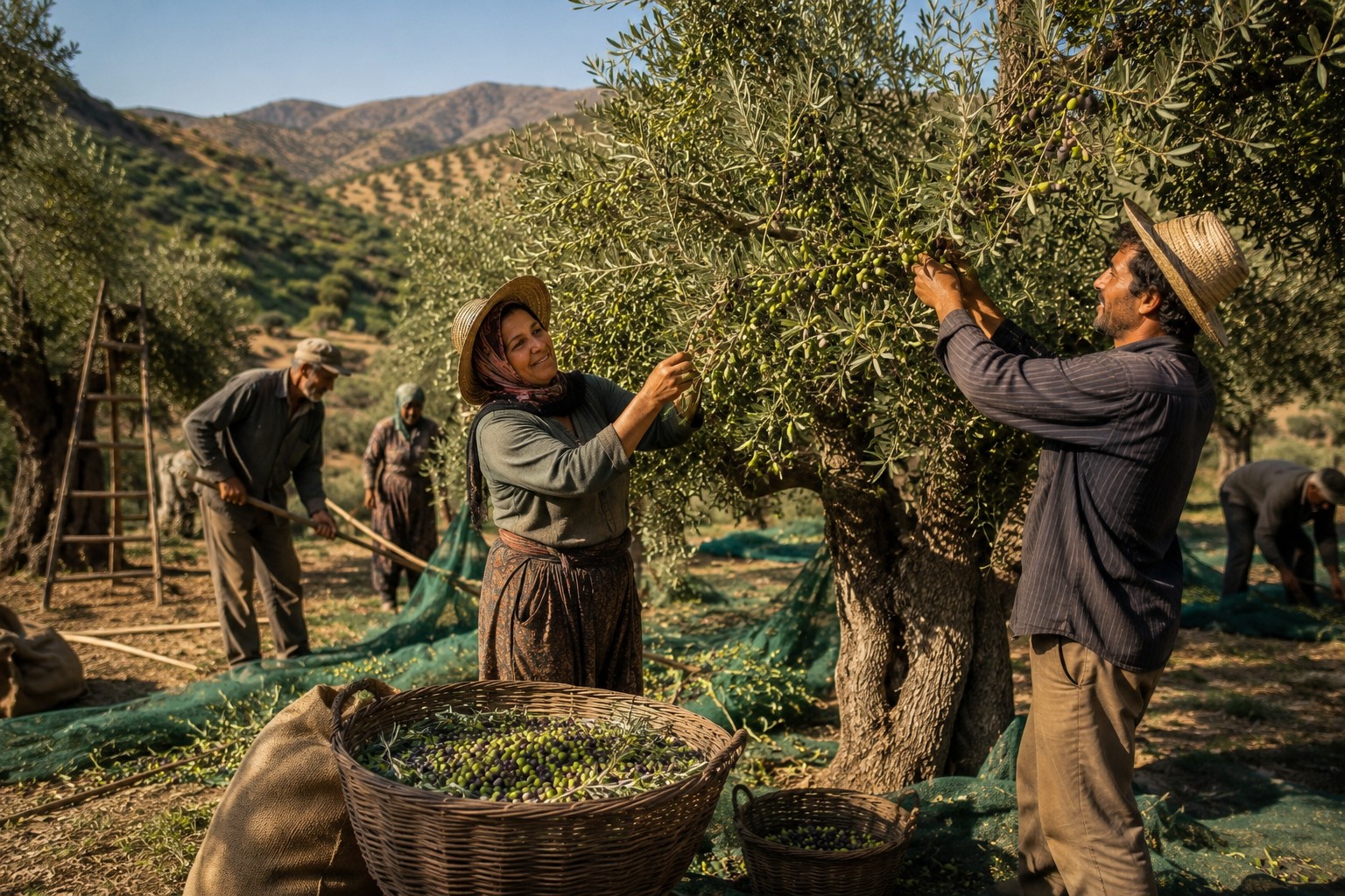 Hands harvesting olives into nets or baskets. Real texture, dust, worn hands, no staged smiling.