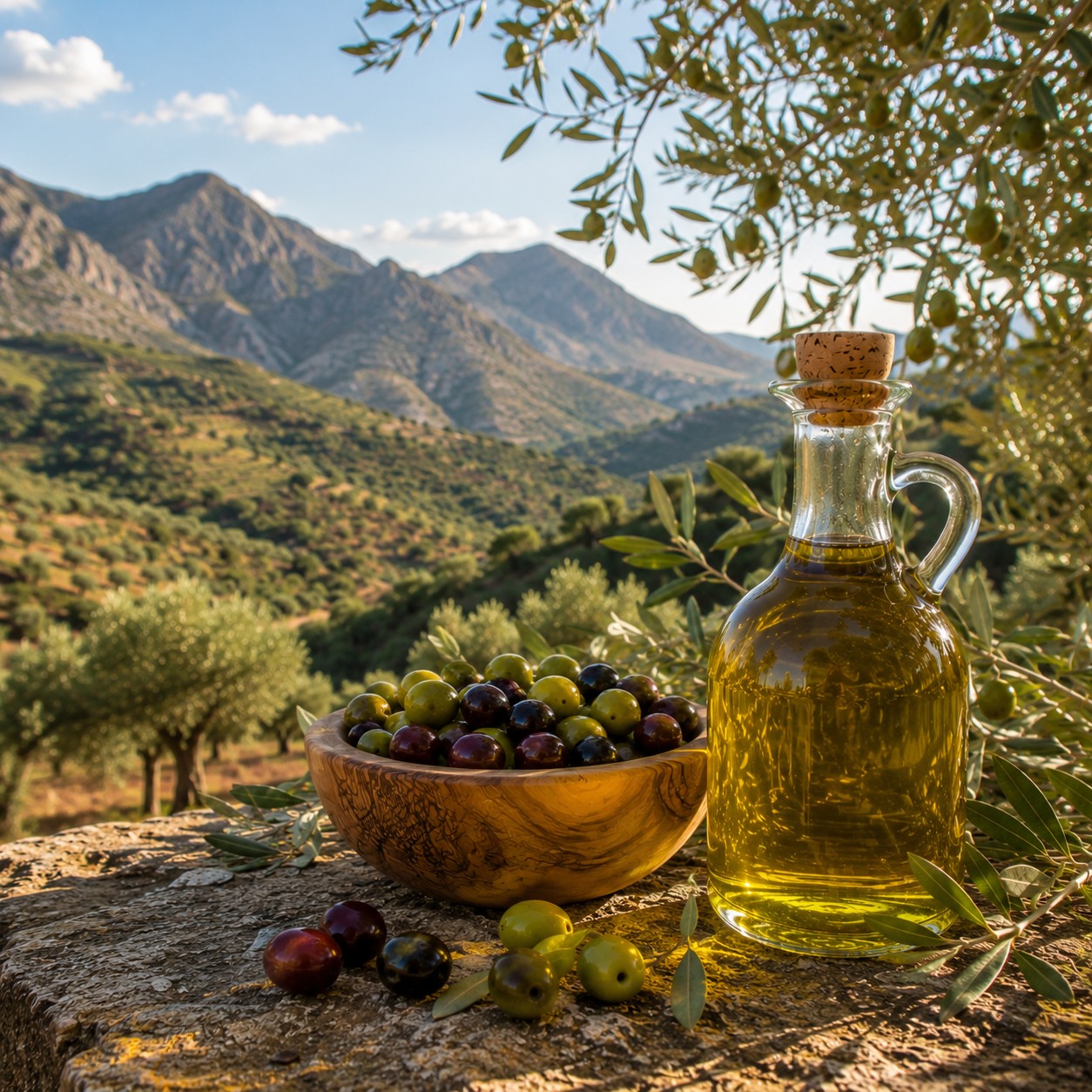 Traditional or small modern press mid-extraction, fresh oil catching light.