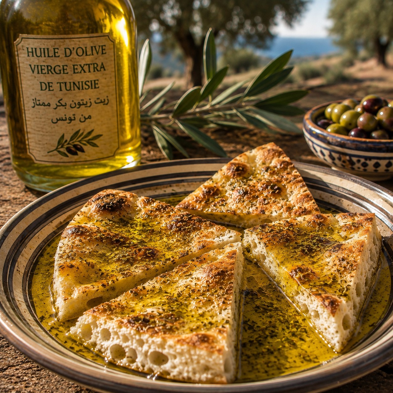 Fresh green-gold oil poured over warm bread or a dish, close macro shot.