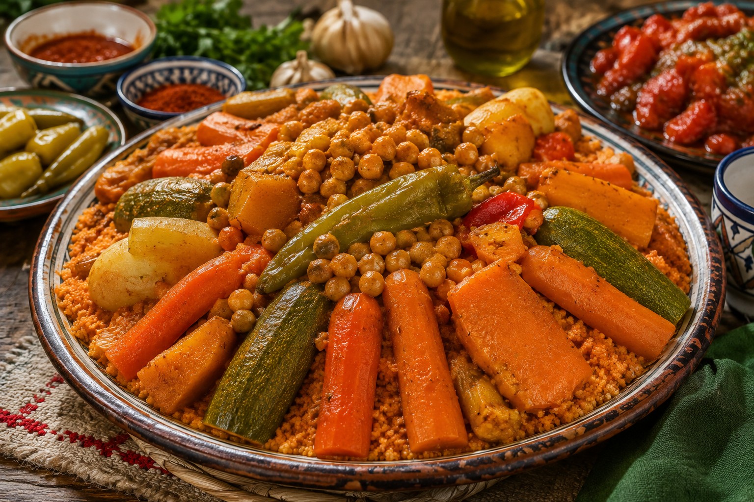 Generous homemade couscous with vegetables and chickpeas, served family-style.