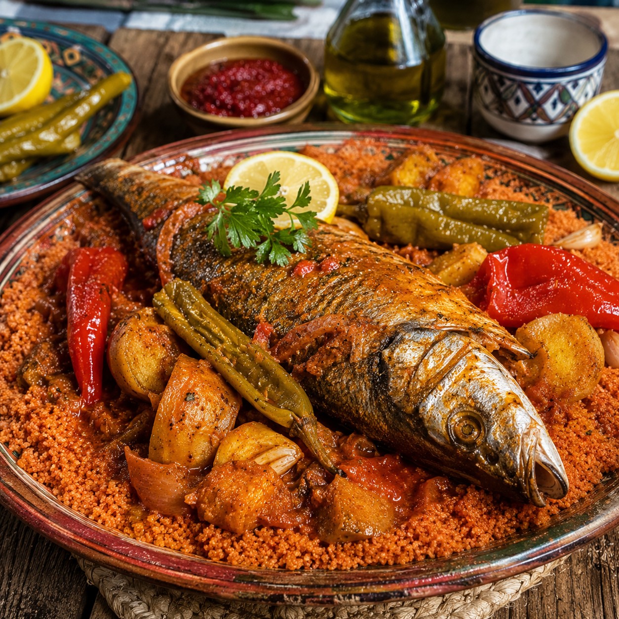 Coastal couscous au poisson — whole fish, peppers, broth, Mediterranean presentation.
