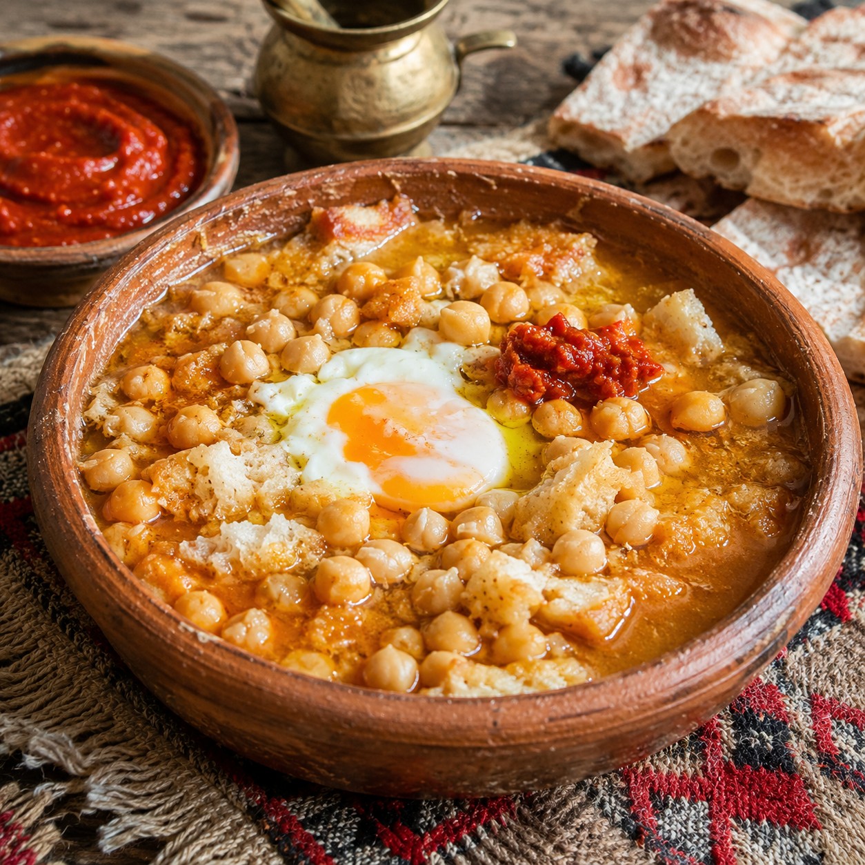 Traditional chickpea lablabi in a rustic bowl — comforting, unpretentious presentation.