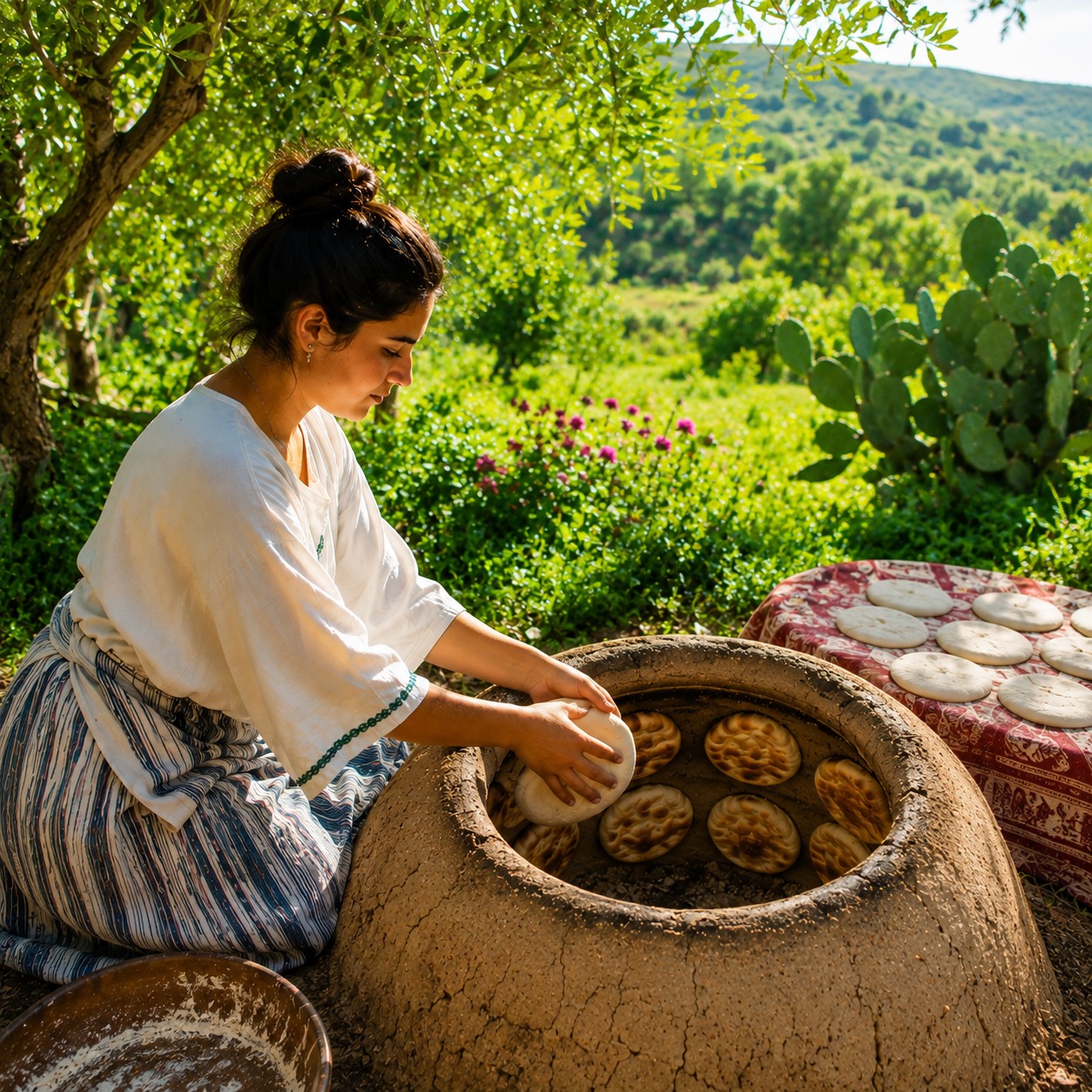 Hands shaping dough beside a traditional tabouna oven, flour dust in the air.