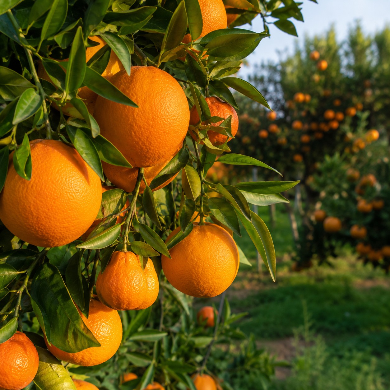 Winter citrus grove — oranges and mandarins on the branch, Tunisian coastal light.
