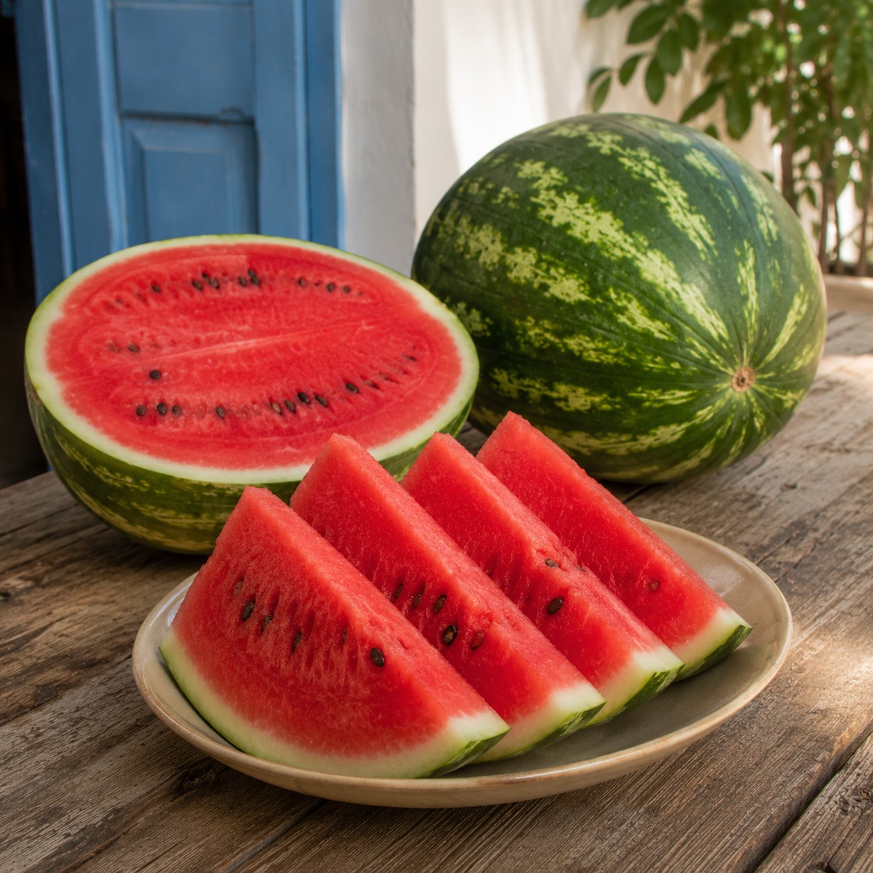 Figs split open by hand, peaches, watermelon on a wooden table, no plastic packaging, natural light.