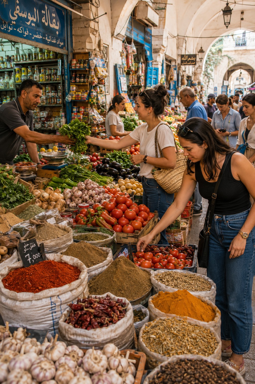 Tunisian market stall, tomatoes and peppers in crates, vendor's hands visible, natural daylight.