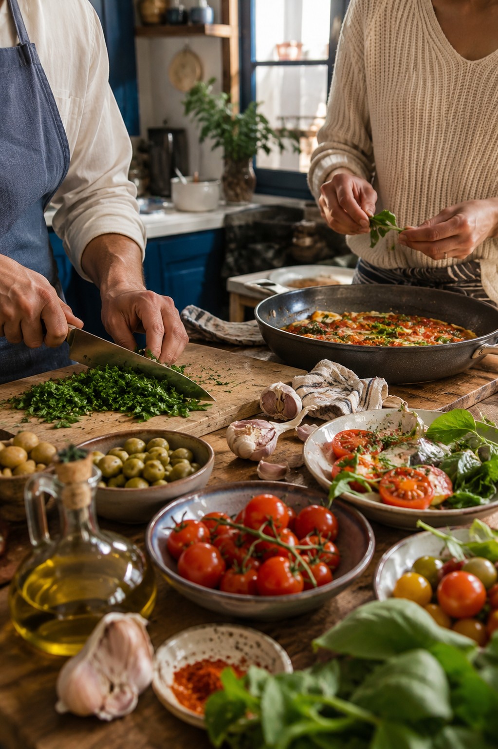 Guests cooking alongside a Tunisian host in a home kitchen, hands-on, mid-action.