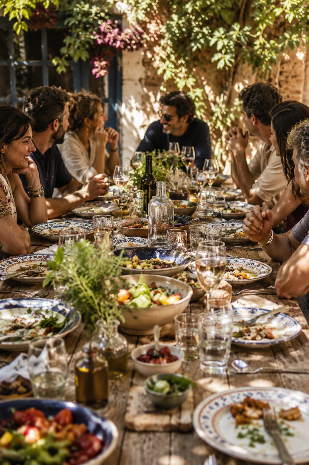 A long lunch table mid-conversation — plates half-finished, wine, real interaction.