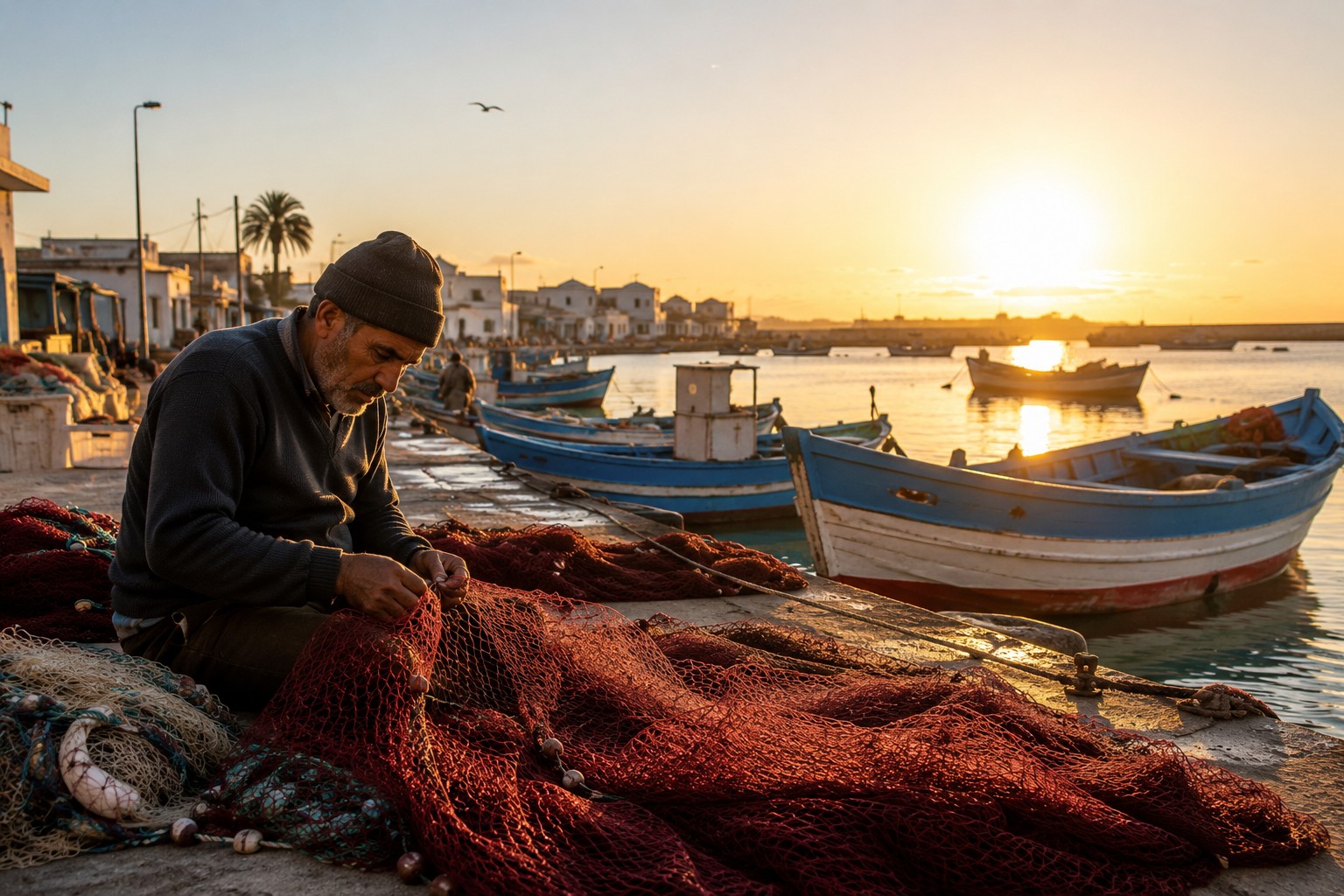 Fisherman at a small Tunisian harbor at dawn, working — not posing for camera.