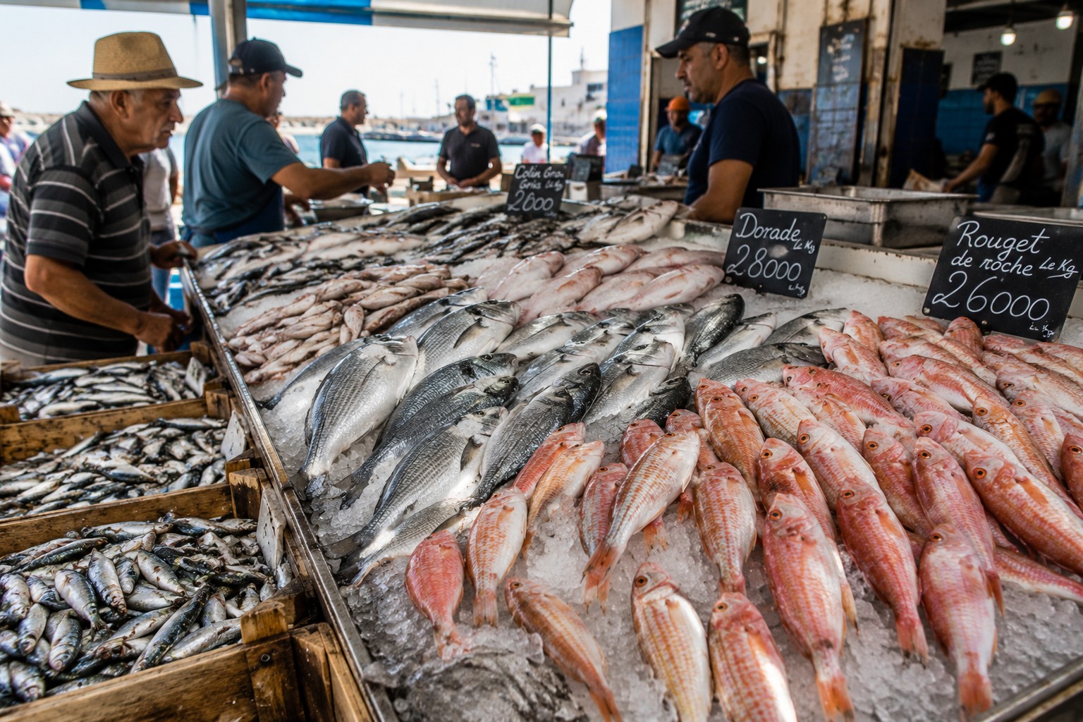 Fresh Mediterranean fish on ice at a coastal market — sea bream, sardines, red mullet.