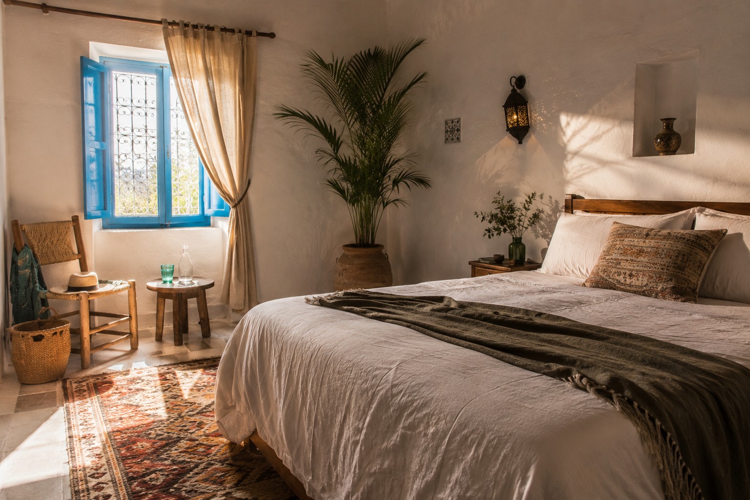 Simple, well-made bedroom — quality linens, natural light, no international-hotel sameness.