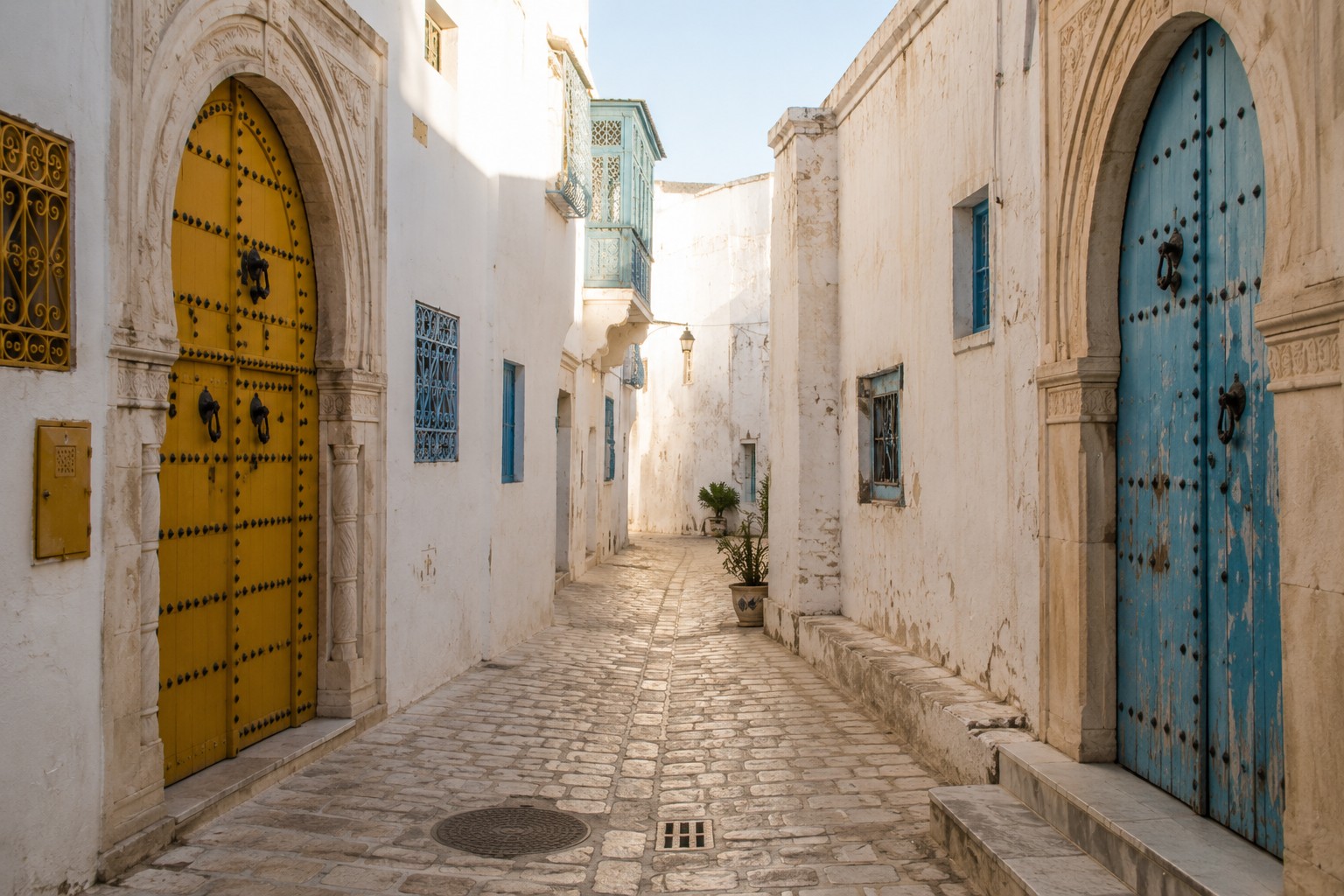 A quiet medina alley, morning light, doorway color and texture, no crowds.